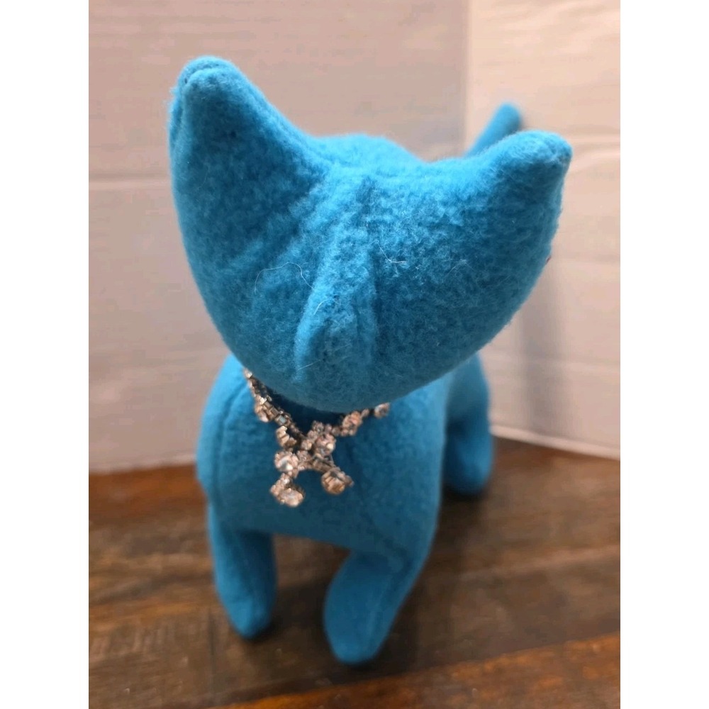 Vintage Mid Century Style Blue Felt Cat Figurine Plush Rhinestone Collar Kitsch